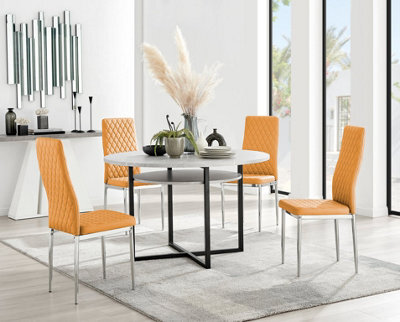 Furniturebox Adley Grey Concrete Effect And Black Round Dining Table With Storage Shelf 4 Mustard And Silver Milan Modern Faux Leather Chairs - image 1