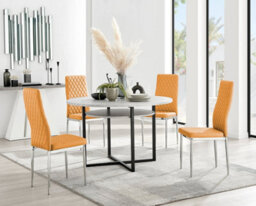 Furniturebox Adley Grey Concrete Effect And Black Round Dining Table With Storage Shelf 4 Mustard And Silver Milan Modern Faux Leather Chairs