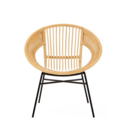 Orsina Comfortable Natural Rattan And Black Iron Arm Chair, Durable Outdoor Chair, Versatile Natural Dining Chair