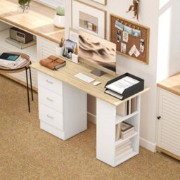 Homcom 120Cm Computer Desk, Study Table With 3 Shelf & Drawers, Natural - thumbnail 7