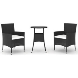 Berkfield 3 Piece Garden Bistro Set With Cushions Black Poly Rattan - thumbnail 2