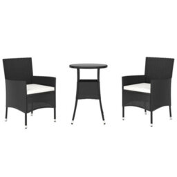 Berkfield 3 Piece Garden Bistro Set With Cushions Black Poly Rattan - thumbnail 3