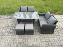 Fimous 6 Seater Pe Wicker Rattan Garden Furniture Set Love Sofa Outdoor Rectangular Dining Table 2 Small Footstools - thumbnail 1