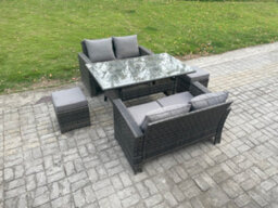Fimous 6 Seater Pe Wicker Rattan Garden Furniture Set Love Sofa Outdoor Rectangular Dining Table 2 Small Footstools - thumbnail 2