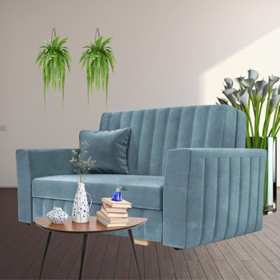 Viva Glam Ii 2 Seater Sofa Bed With Storage Modern Design Sinuous Springs Solid Wooden Legs Blue - image 1
