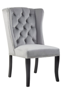 Orsina Grey Velvet Dining Chair,winged Backed Lounge Chair With Button Tufting,kitchen Chair,luxurious Padded Seat - image 1