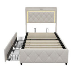 Modern Single Bed 90X200 Cm With Storage Drawers Led Headboard Upholstered Bed Frame For Small Bedrooms Stylish And Functional - thumbnail 9