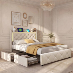 Modern Single Bed 90X200 Cm With Storage Drawers Led Headboard Upholstered Bed Frame For Small Bedrooms Stylish And Functional - thumbnail 6