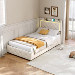 Modern Single Bed 90X200 Cm With Storage Drawers Led Headboard Upholstered Bed Frame For Small Bedrooms Stylish And Functional - thumbnail 5