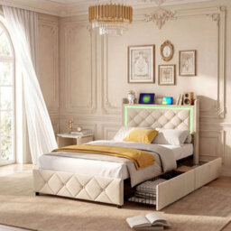 Modern Single Bed 90X200 Cm With Storage Drawers Led Headboard Upholstered Bed Frame For Small Bedrooms Stylish And Functional - thumbnail 2