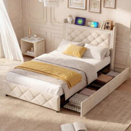 Modern Single Bed 90X200 Cm With Storage Drawers Led Headboard Upholstered Bed Frame For Small Bedrooms Stylish And Functional - thumbnail 1