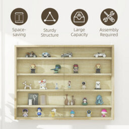 Homcom 5-Tier Wall Display Shelf Unit Cabinet W/ Shelves Glass Doors Oak - thumbnail 6