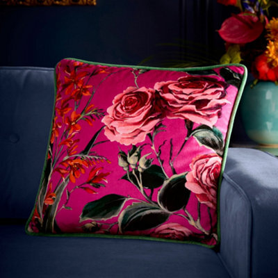 Laurence Llewelyn-Bowen Cotswald Fantasia Dawn Soft Touch Floral Print Pink Velvet Filled Cushion - image 1
