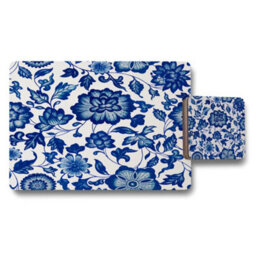 Benjamin Tate Design Delft Blue Floral Placemat And Coaster Set, Premium Print, Wood Base, Limited Edition