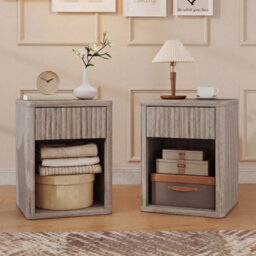 Homcom Modern Nightstand With Drawer And Open Shelf, Set Of 2, Oak - thumbnail 1