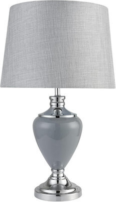 Lighting Supermarket Hepburn Large Ceramic Table Lamp Grey Linen Shade Modern Grey Chrome Finish 58Cm - image 1