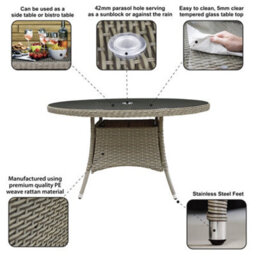 Loops 135Cm Round 6 Seater Garden Dining Table - Rattan Wicker Brown & Glass Outdoor - thumbnail 3