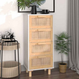 Vidaxl Sideboard White 40X30X90 Cm Solid Wood Pine And Natural Rattan