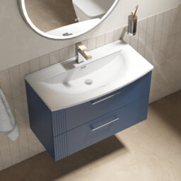Balterley Belvide Partial Fluted 2 Drawer Wall Hung Vanity Unit With 1 Tap Hole Curved Basin- 800mm - Satin Blue - thumbnail 5