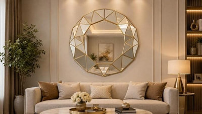 Biznest 3D Art Décor Wall Hanging Gold Prism Effect Mirror Round Plastic Geometrical Design Trim Frame Multi-Faceted Style 60X59Cm