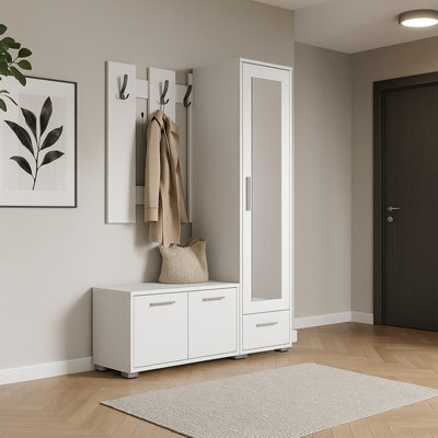 Hit Hallway Furniture Set Modern White Entryway With Wardrobe Shoe Cabinet Shelves And Mirror - image 1