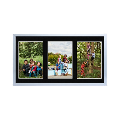 AK Frames 40X20Cm Silver Sleek Multi Photo Frame With Black Mount - Holds 3 Apertures (3X) 6X4 Photos - image 1