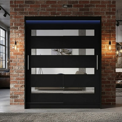 Sliding Wardrobe Westa Xiii 150 Cm With Mirror Panels And Rgb Led Lights Black - image 1