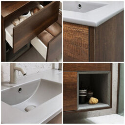 Homestylestore Dark Oak 1212mm Wall Hung Bathroom Vanity Unit Open Shelf And Pebble Basin - thumbnail 2