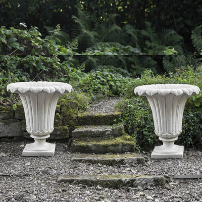 Pair Of Giant Classic Ancient Greek Style Fluted Vases In White Stone Cast Pots - image 1