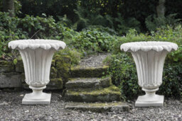 Pair Of Giant Classic Ancient Greek Style Fluted Vases In White Stone Cast Pots - thumbnail 4