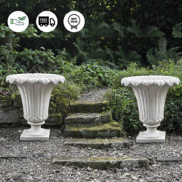 Pair Of Giant Classic Ancient Greek Style Fluted Vases In White Stone Cast Pots - thumbnail 3