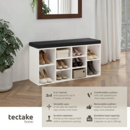 Tectake Shoe Rack - Storage Cabinet For 10 Pairs Of Shoes, Bench With Seat Cushion, 103.5 X 48 X 30 Cm - 103.5 Cm - Black/white - thumbnail 2
