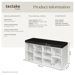 Tectake Shoe Rack - Storage Cabinet For 10 Pairs Of Shoes, Bench With Seat Cushion, 103.5 X 48 X 30 Cm - 103.5 Cm - Black/white - thumbnail 6