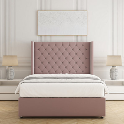 Bsspoke Winchester Divan Bed Set Pink Plush Velvet 54Inch Wingedback Headboard & Mattress & No Drawers All Sizes Available - image 1