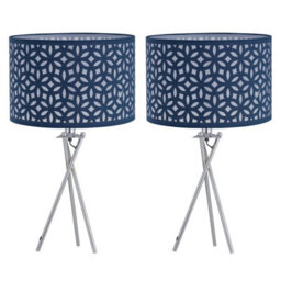 First Choice Lighting Set Of 2 Chrome Tripod Table Lamps With Navy Blue Laser Cut Shades