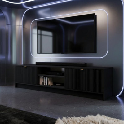 Tv Stand Tireno 2K 180 Cm Black Molet Modern Ribbed Media Unit Cabinet Gold Handles Living Room Furniture Glamour Style - image 1