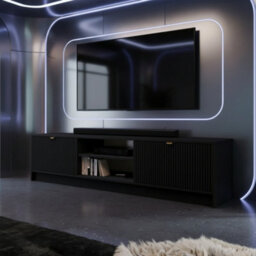 Tv Stand Tireno 2K 180 Cm Black Molet Modern Ribbed Media Unit Cabinet Gold Handles Living Room Furniture Glamour Style