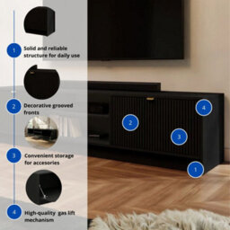 Tv Stand Tireno 2K 180 Cm Black Molet Modern Ribbed Media Unit Cabinet Gold Handles Living Room Furniture Glamour Style - thumbnail 6