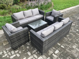 Fimous Wicker Pe Rattan Sofa Set Outdoor Patio Garden Furniture With 2 Armchairs Oblong Coffee Table Dark Grey Mixed - thumbnail 2