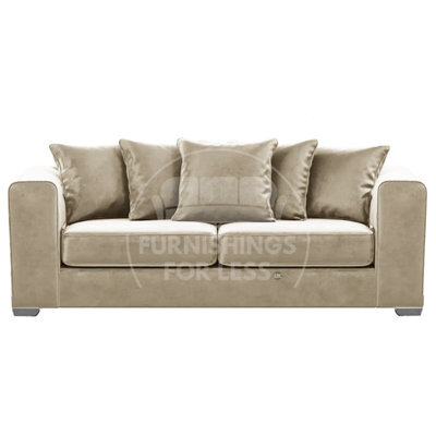 Furnishings For Less UK Ella Boxed Arm Plush Velvet  Fabric 3 Seater Sofa   Beige