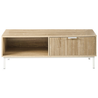 Wyld And Coco Nordicnest Coffee Table, Light Brown Mdf Top With Iron Legs, 110 X 50 X 40 Cm, 1 Drawer And Open Shelf - image 1