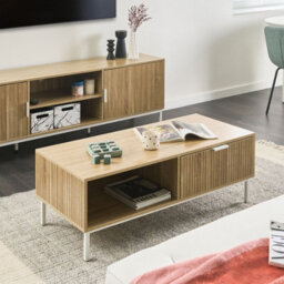 Wyld And Coco Nordicnest Coffee Table, Light Brown Mdf Top With Iron Legs, 110 X 50 X 40 Cm, 1 Drawer And Open Shelf - thumbnail 2
