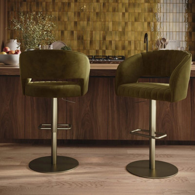 Set Of 2 Curved Olive Green Velvet Adjustable Swivel Bar Stools - image 1