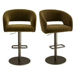 Set Of 2 Curved Olive Green Velvet Adjustable Swivel Bar Stools - thumbnail 3