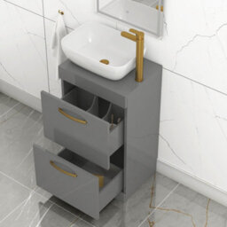 Royal Bathrooms 500mm Floor Standing Vanity Unit 2 Drawer Indigo Grey Gloss & Countertop Basin - Elva With Brushed Brass Handle - thumbnail 3