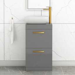Royal Bathrooms 500mm Floor Standing Vanity Unit 2 Drawer Indigo Grey Gloss & Countertop Basin - Elva With Brushed Brass Handle - thumbnail 1