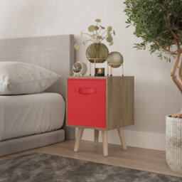 Urbn-Living Urbnliving 51Cm Height Oak Wooden Cube Storage Bookcase Red Inserts Scandinavian Pine Legs - thumbnail 1