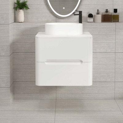 Royal Bathrooms Venice 600mm Gloss White Wall Mounted Bathroom Countertop Vanity Unit 2 Drawer With Peak Basin - image 1
