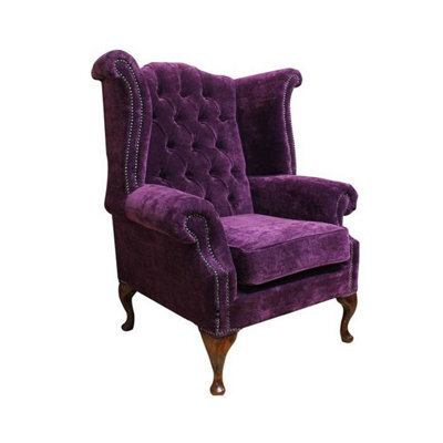Chesterfield High Back Wing Chair Amethyst Purple Velvet Fabric In Queen Anne Style - image 1
