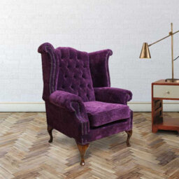Chesterfield High Back Wing Chair Amethyst Purple Velvet Fabric In Queen Anne Style - thumbnail 2
